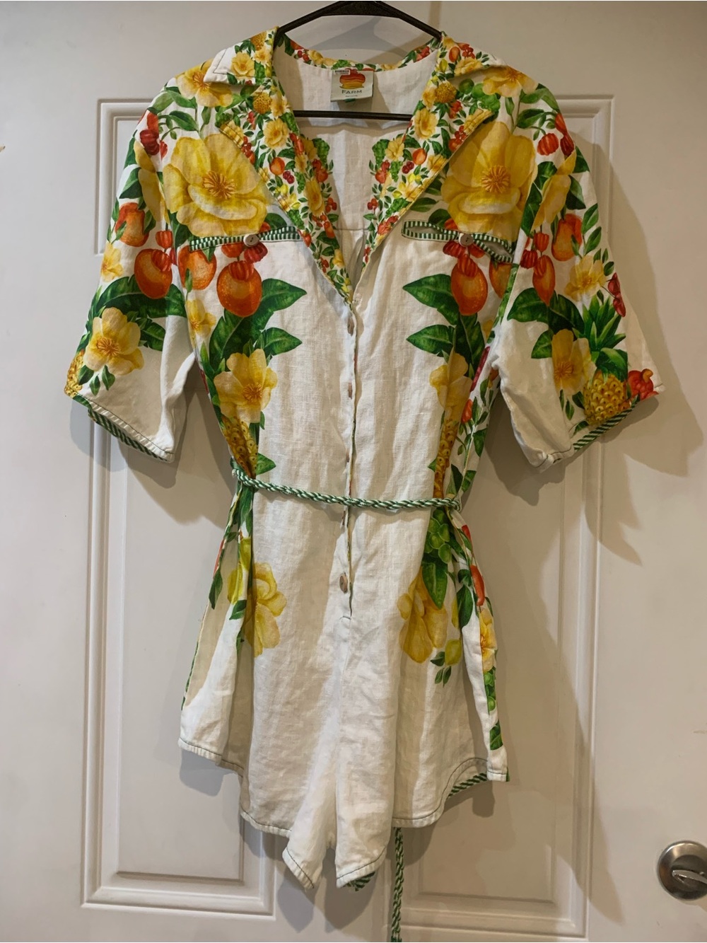 FARM Rio White Linen Tunic Romper with Floral & Fruit Print Size Large